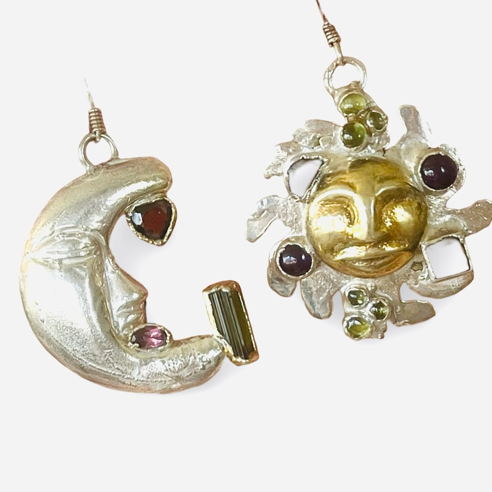 Pure Silver Artisan Garnet Moonstone Amethyst Green Tourmaline Earrings by C + R